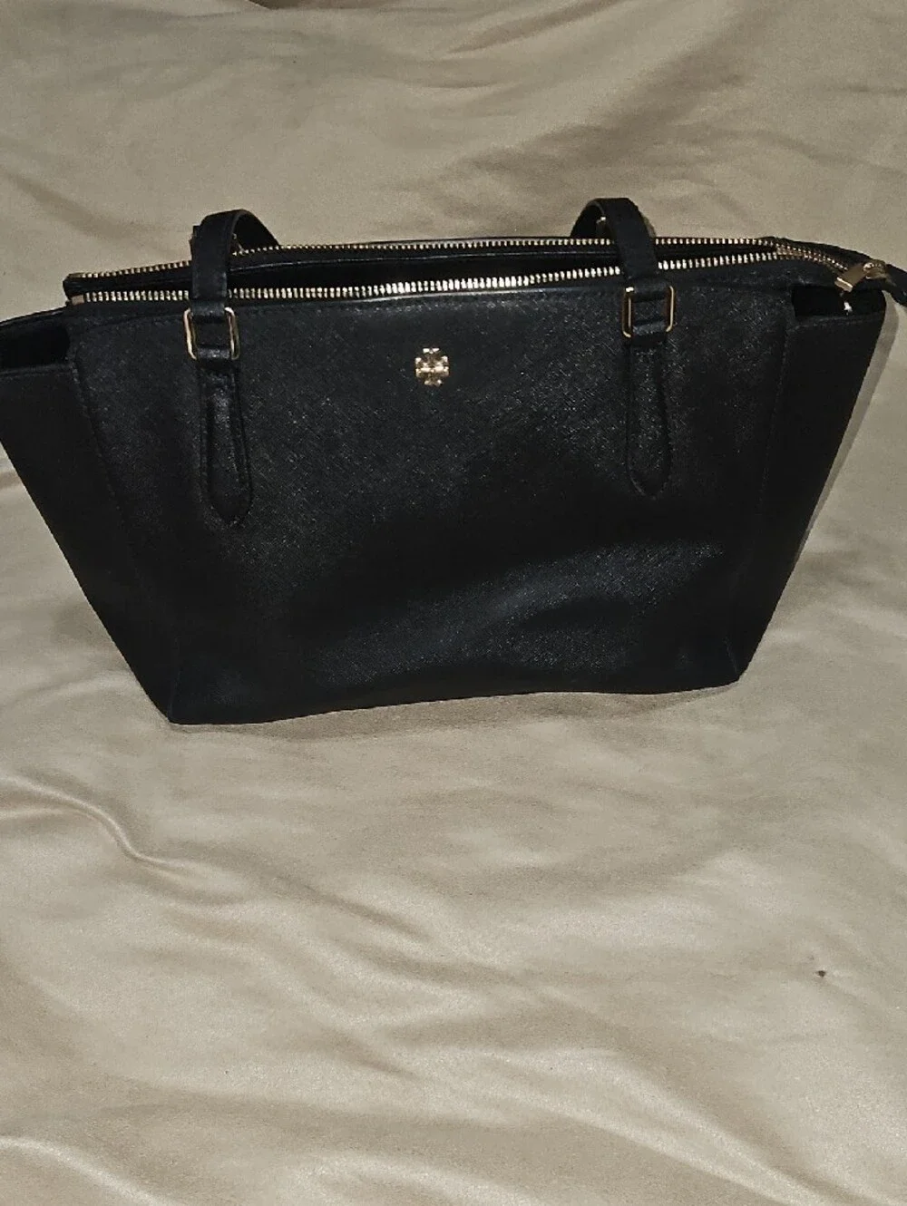 Tory Burch Black Leather Tote with Gold Logo